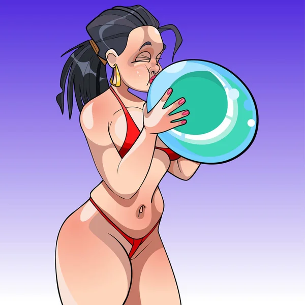 Funny cartoon žena v plavkách nafoukne balónek — Stockový vektor