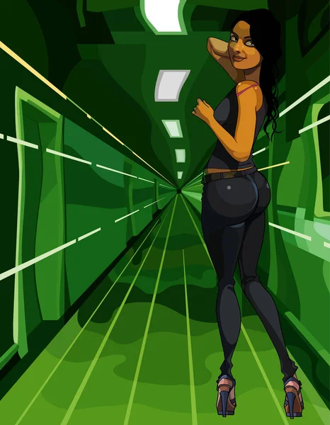 Dibujos animados mujer bonita mirando hacia atrás en el túnel verde — Vector de stock