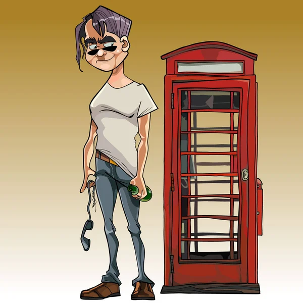 Cartoon male brawler with a bottle next to the phone booth — Stock Vector