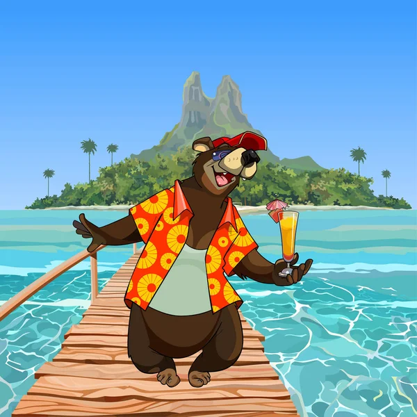 Personagem de desenhos animados urso feliz na ponte pela ilha tropical —  Vetores de Stock