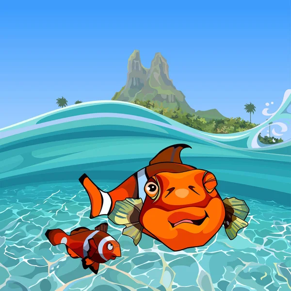 Αστείο σκίτσο ένας κλόουν ψάρια κάτω από το νερό στη θάλασσα κοντά στο νησί — Διανυσματικό Αρχείο