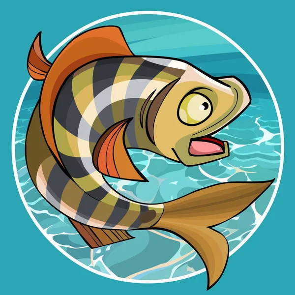 Dibujos animados peces divertidos posan en un círculo sobre un fondo de agua — Vector de stock