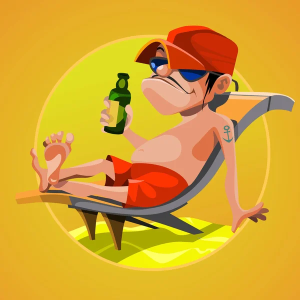 Cartoon man resting on a deck chair with a bottle in his hand — Stock Vector