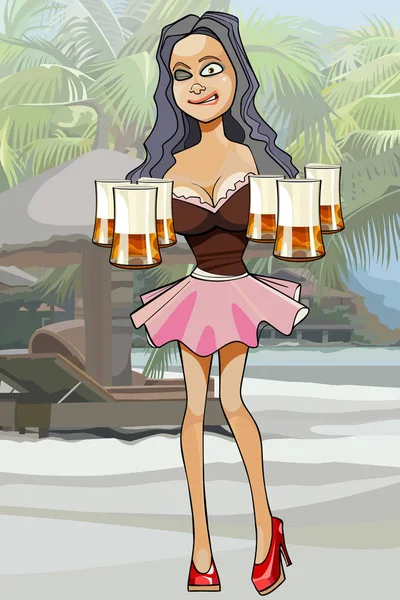 Caricatura divertida mujer vestida camareras bávaras con cerveza en las manos — Vector de stock