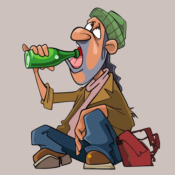 Cartoon homeless man drinks sitting on the ground — Stock Vector