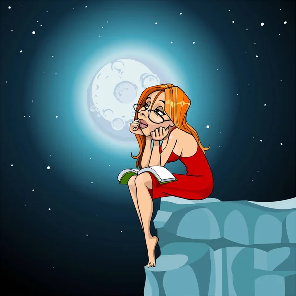 Cartoon woman sitting dreamily moonlit night with a book — Stock Vector