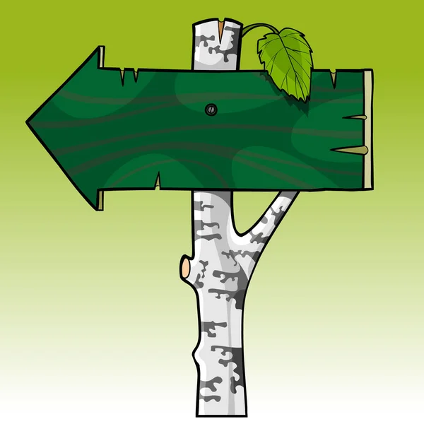 Caricatura índice de seta de madeira em um tronco de vidoeiro — Vetor de Stock