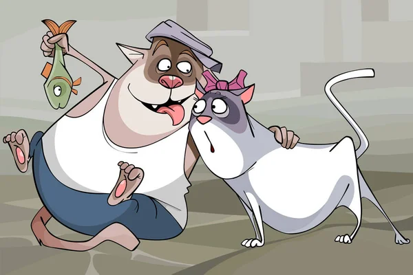 Мультфильм смешная пара кошка и кошка с рыбой — стоковый вектор
