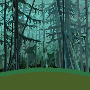 çizgi film muhteşem yoğun iğne yapraklı orman koyu yeşil