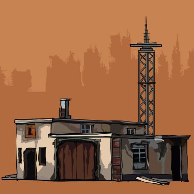 eski bir metal kule ile iki katlı bina harap