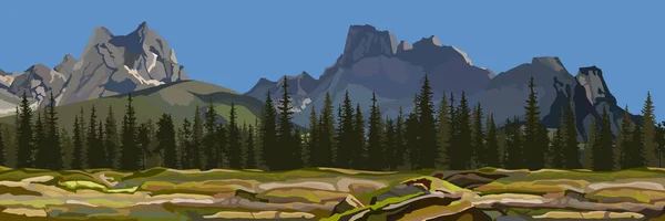 Pintado o fundo uma paisagem de montanha com floresta de pinheiros — Vetor de Stock