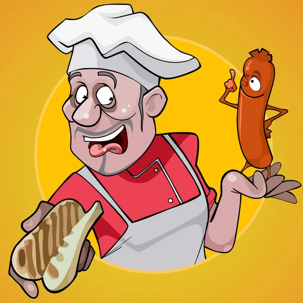 Cartone animato chef maschile in possesso di un panino e salsiccia su uno sfondo giallo — Vettoriale Stock
