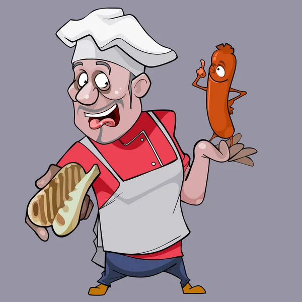 Dibujos animados sorprendido hombre cocinero sosteniendo un pan y una salchicha — Archivo Imágenes Vectoriales