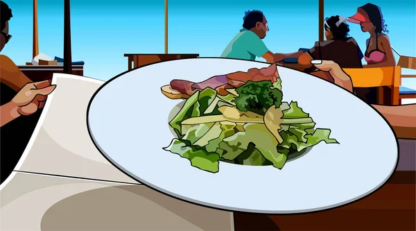 Plat peint de salade et de viande servi dans un café — Image vectorielle