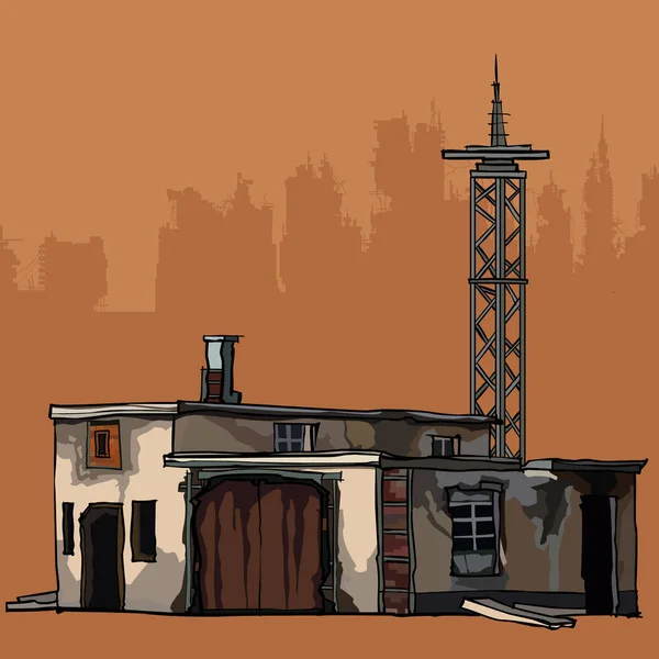 Viejo edificio en ruinas de dos pisos con una torre de metal — Vector de stock