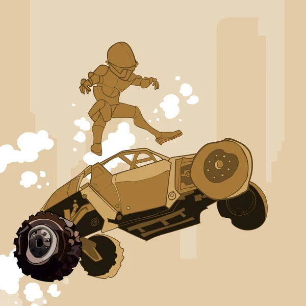 Homem dos desenhos animados voa para fora do carro SUV salto — Vetor de Stock