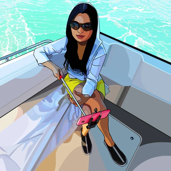 Mulher bonita está tirando fotos de si mesma em um barco no mar —  Vetores de Stock