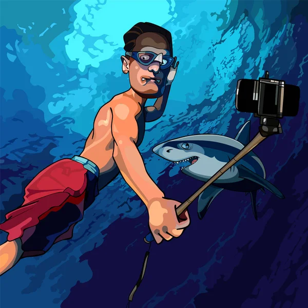 Мультяшный человек под водой фотографирует себя с акулой — стоковый вектор