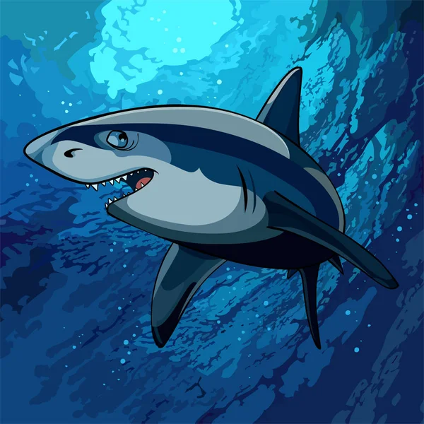 Tiburón de dibujos animados nadando bajo el agua en el mar azul — Vector de stock