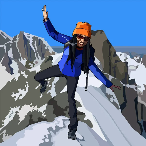 Mujer feliz turista se encuentra en la cima de la montaña — Vector de stock