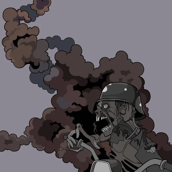 Dessin animé effrayant cris zombie dans un casque dans la fumée — Image vectorielle