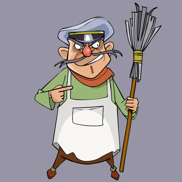 Cartoon evil male janitor with a broom in hand — Stock Vector