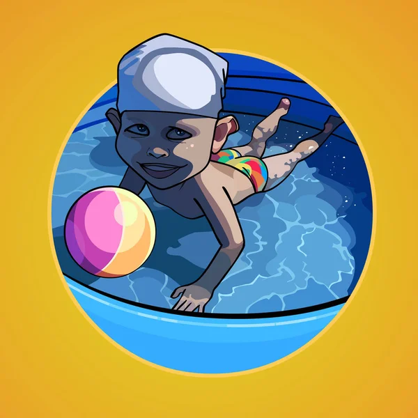 Мультяшный ребенок плавает в бассейне с мячом — стоковый вектор
