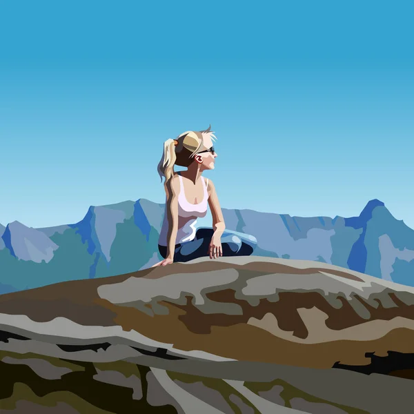 Cartoon woman looking into the distance sitting on a rock in the mountains — Stock Vector