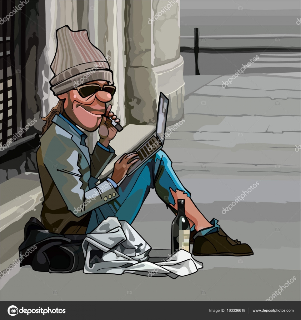 Cartoon homeless man sitting outdoors with laptop Stock Vector Image by  ©Westamult #163336618