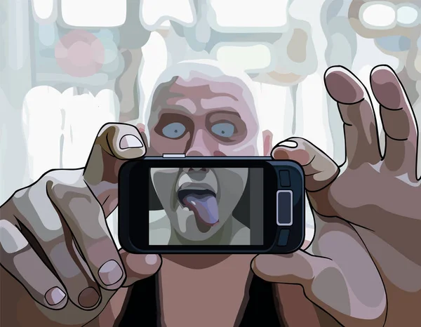 Dessin animé homme qui s'amuse avec une photo dans un smartphone — Image vectorielle