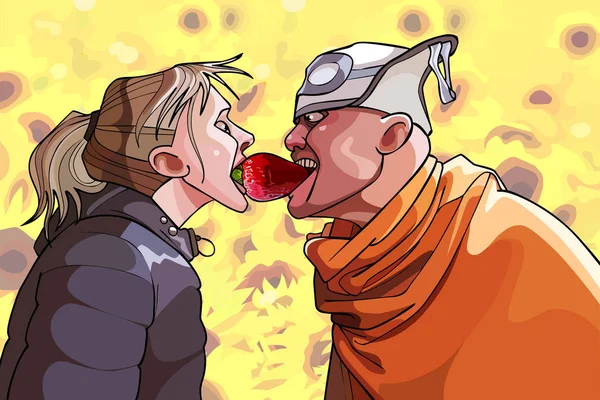 Desene animate amuzante bărbat și femeie apucând dinții unui boabe — Vector de stoc