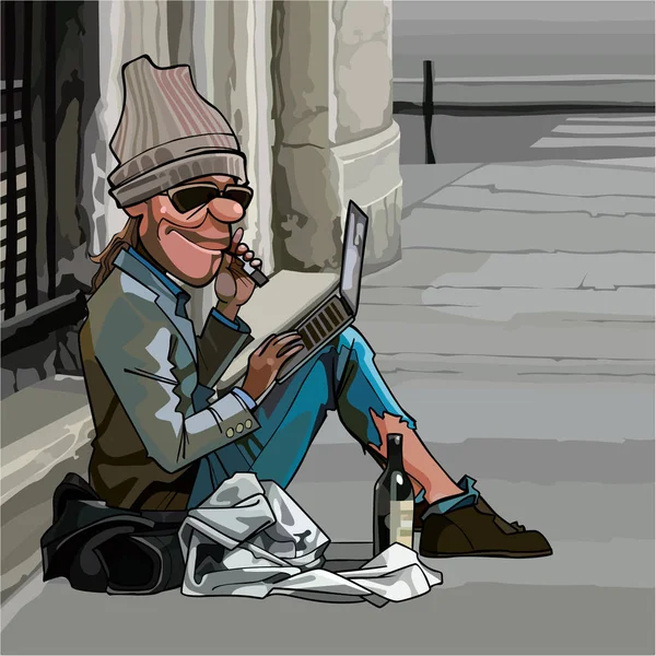 Мультяшний бездомний чоловік сидить на відкритому повітрі з ноутбуком — стоковий вектор