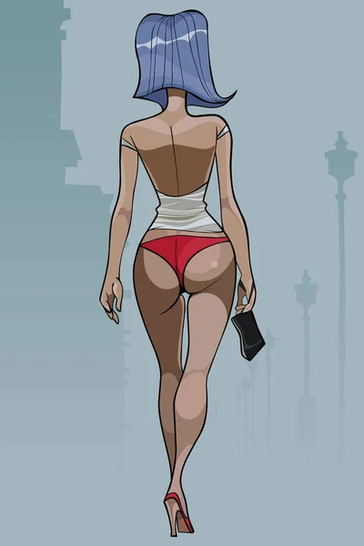 Mulher dos desenhos animados com cabelo azul andando em traje de praia —  Vetores de Stock