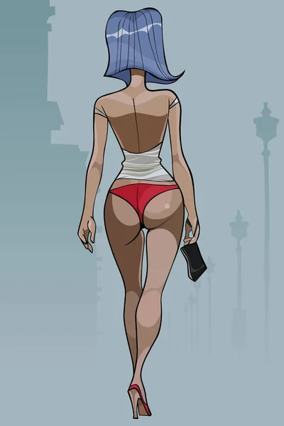 Dessin animé femme aux cheveux bleus marchant en tenue de plage — Image vectorielle