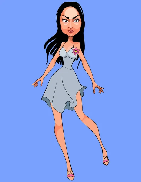 Dibujos animados morena mujer en vestido corto de verano — Vector de stock