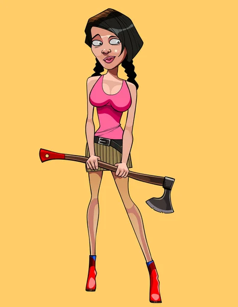 手に斧を持つ漫画物思いにふける女性 — ストックベクタ