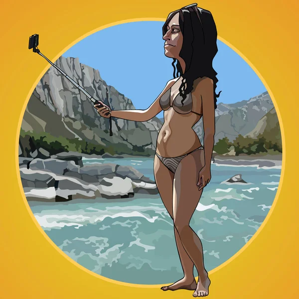 Mulher dos desenhos animados em um maiô tira uma foto de si mesma em um fundo de praia — Vetor de Stock