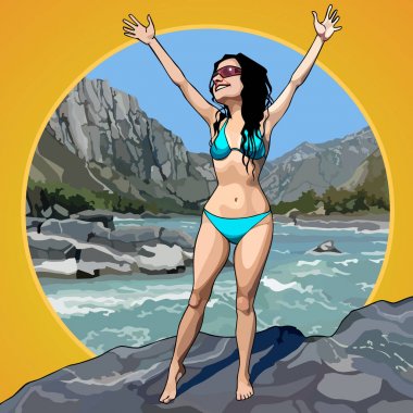 karikatür mutlu kadın mayo ayakta niteliğine