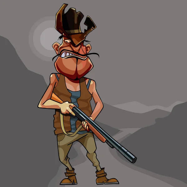 Hombre de dibujos animados en un sombrero de vaquero sosteniendo el arma — Vector de stock