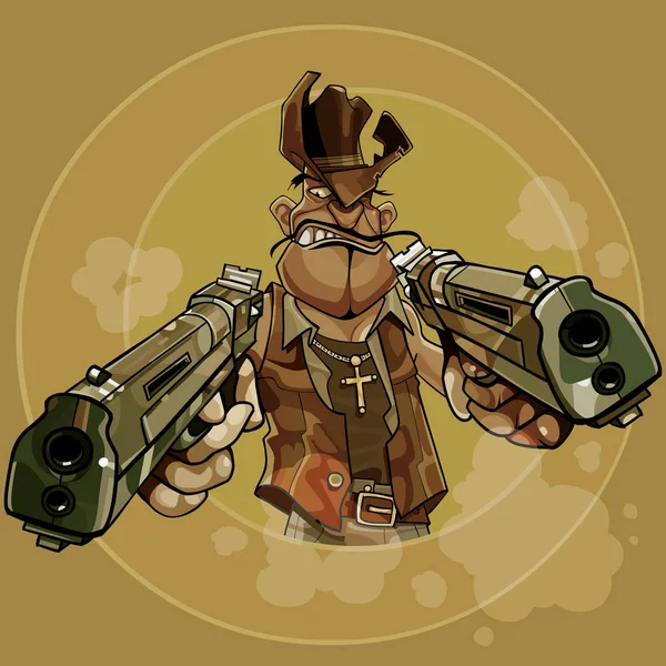 Karikaturist mit Cowboyhut feuert zwei Pistolen ab — Stockvektor