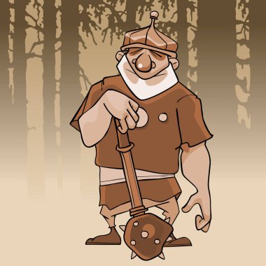 bir sopa ile bir kask içinde gülümseyen bir kahraman karikatür