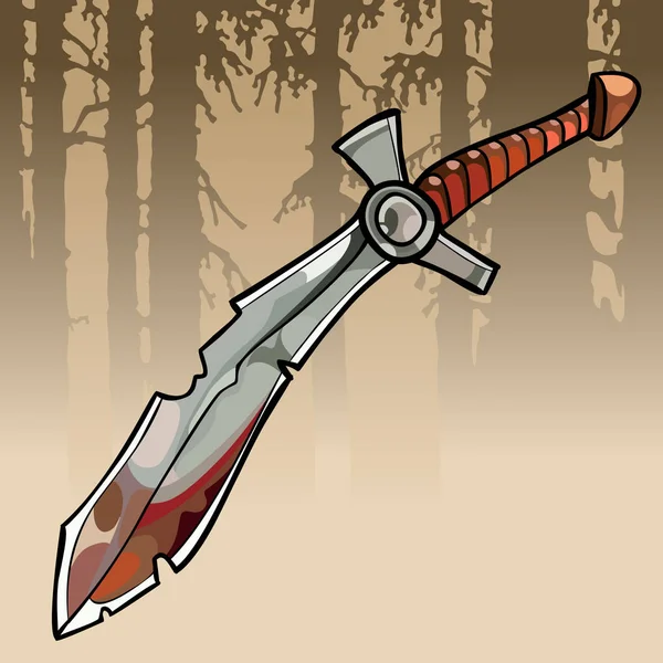 Cartoon zackige Kurve blutiges Schwert in einem Wald — Stockvektor