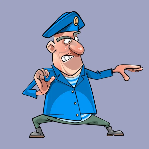 Homem dos desenhos animados em uniforme militar está na posição de luta — Vetor de Stock