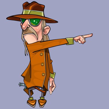 palto ve şapka karikatür ciddi adam yan için parmağını gösterir