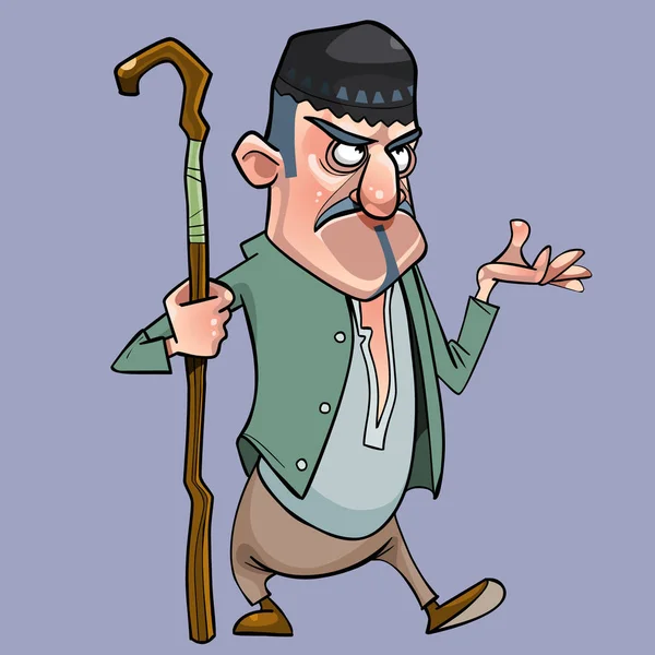 Dessin animé moustachu berger homme avec un bâton dans sa main — Image vectorielle