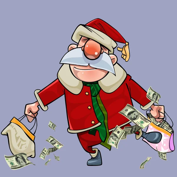 Çizgi film Noel Baba elinde çanta dolar tam — Stok Vektör