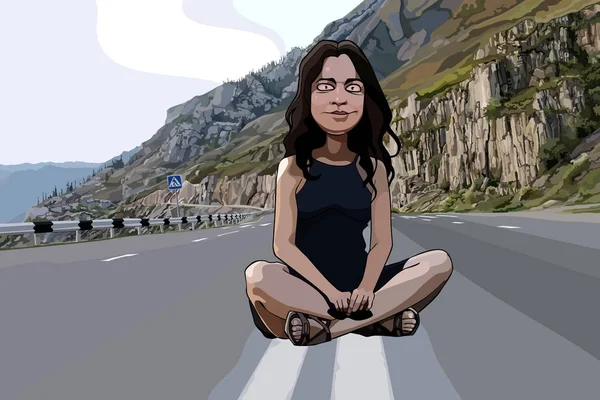 Rajzfilm vicces nő ül az útszakaszon a hegyekben — Stock Vector
