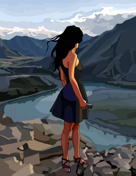 Kreslený žena se dívá na údolí řeky v horách — Stockový vektor