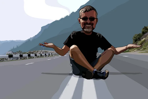 道路の上に座って漫画面白い男 — ストックベクタ