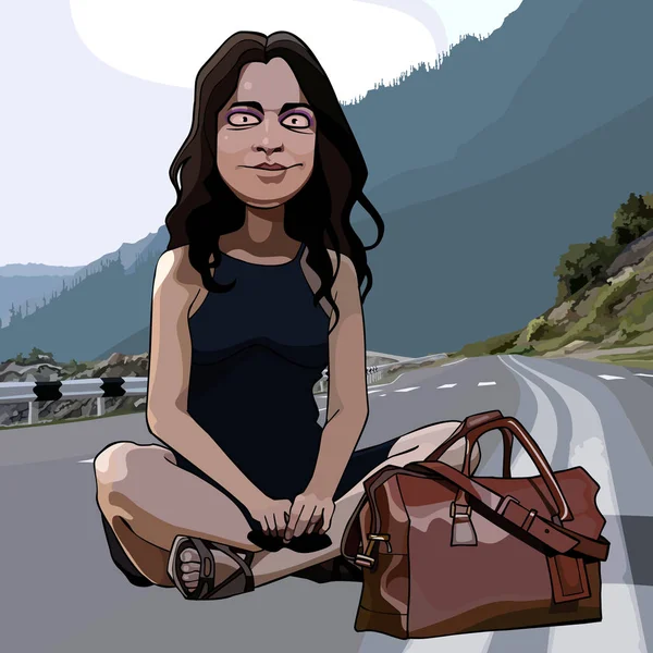 Donna dei cartoni animati seduto con una borsa sulla strada — Vettoriale Stock